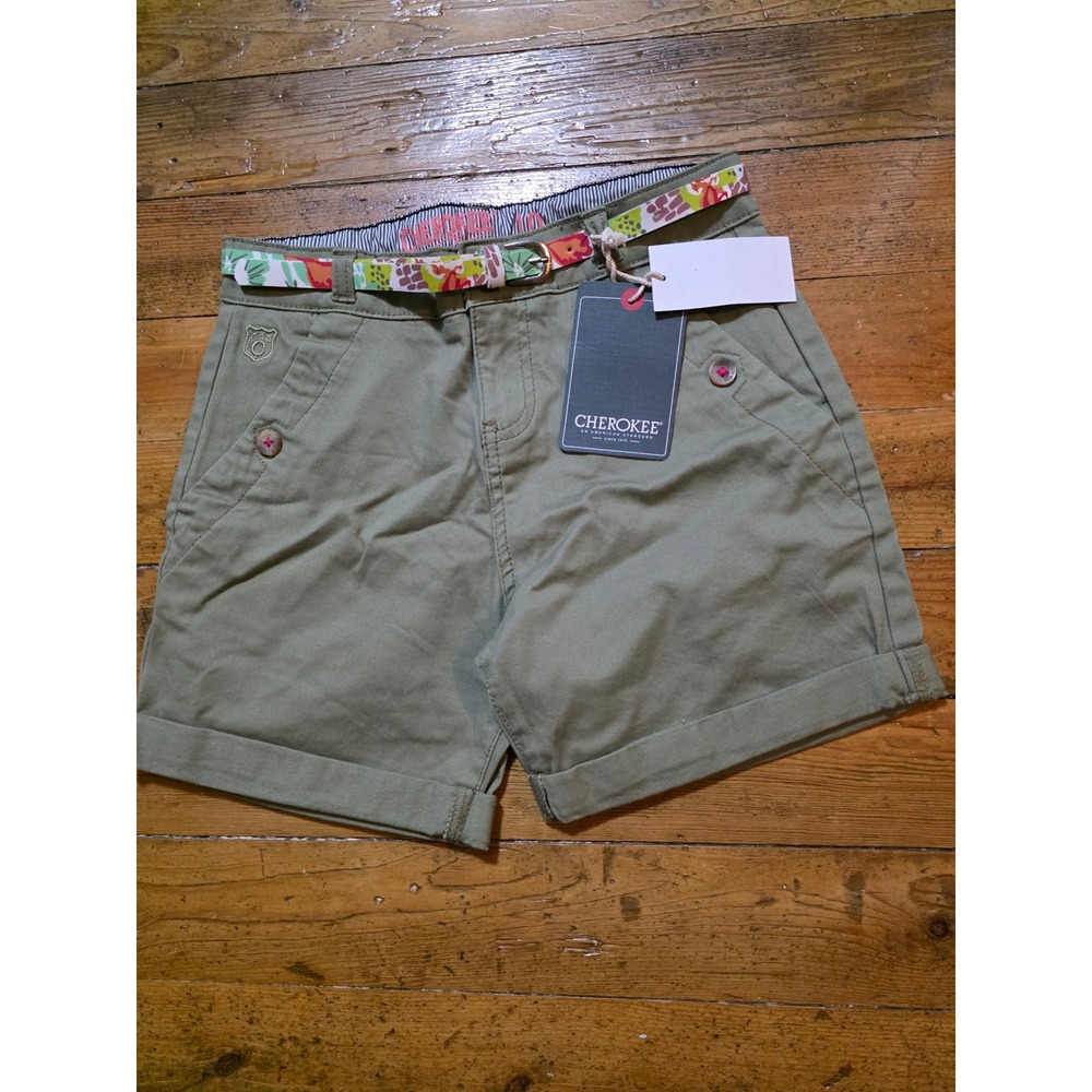 Cherokee Girls Olive Green Chino Shorts with Floral Belt Size 10 NWT